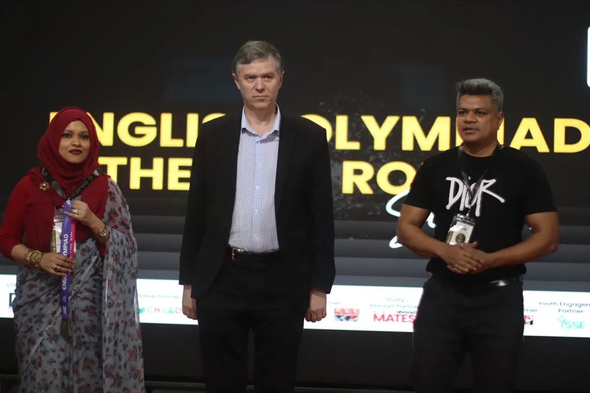 English Olympiad Theatre Round stage with judges and organizers